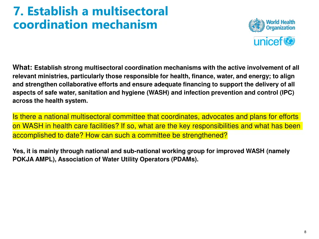 7 establish a multisectoral coordination mechanism