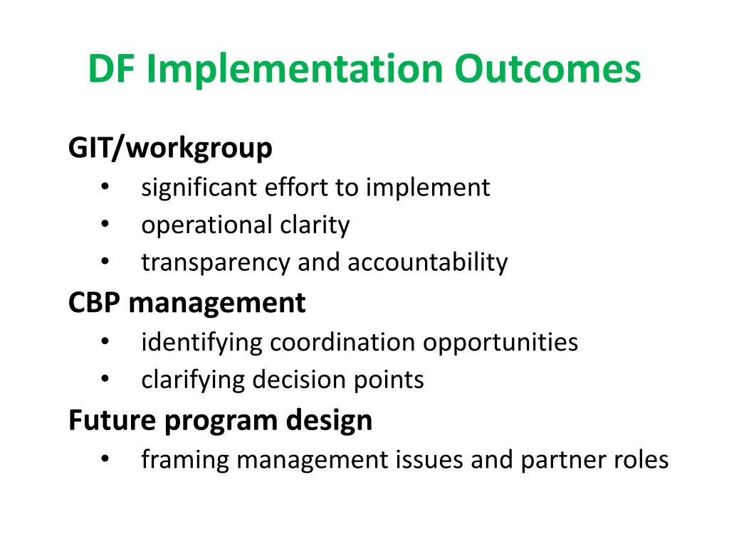 df implementation outcomes