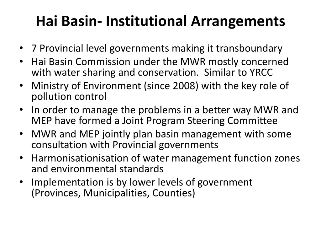 hai basin institutional arrangements