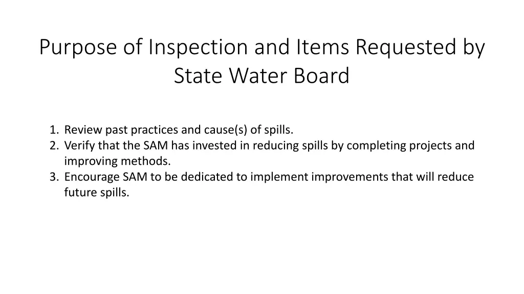 purpose of inspection and items requested