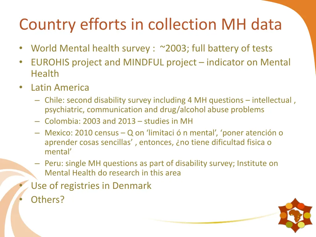 country efforts in collection mh data