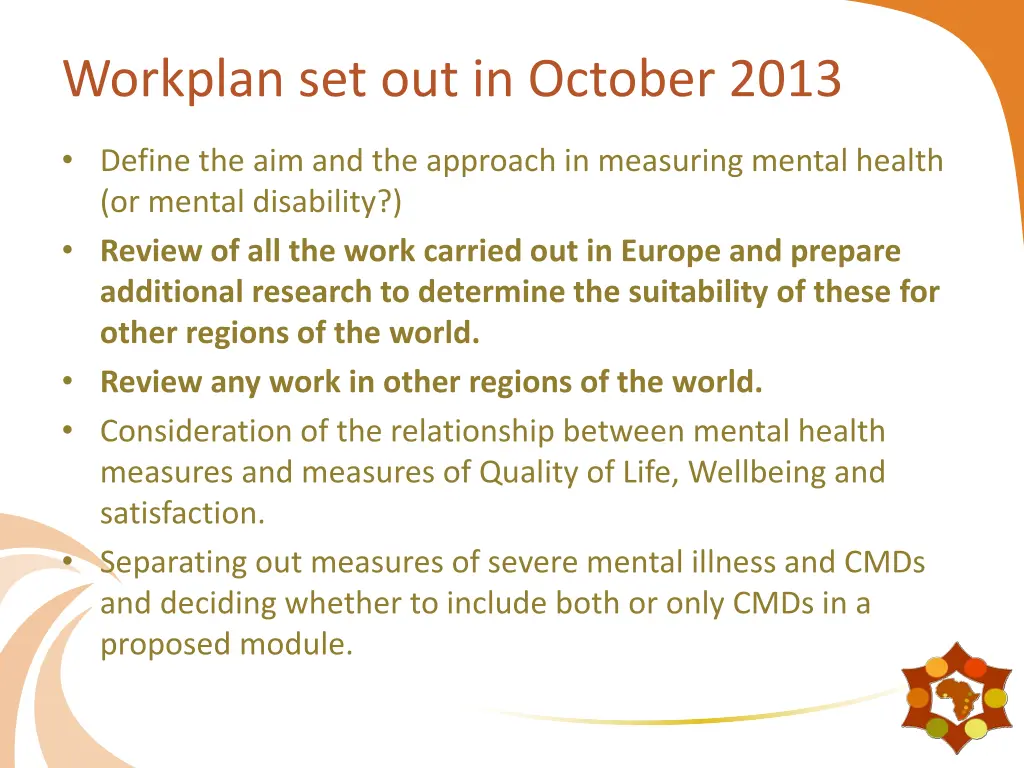 workplan set out in october 2013