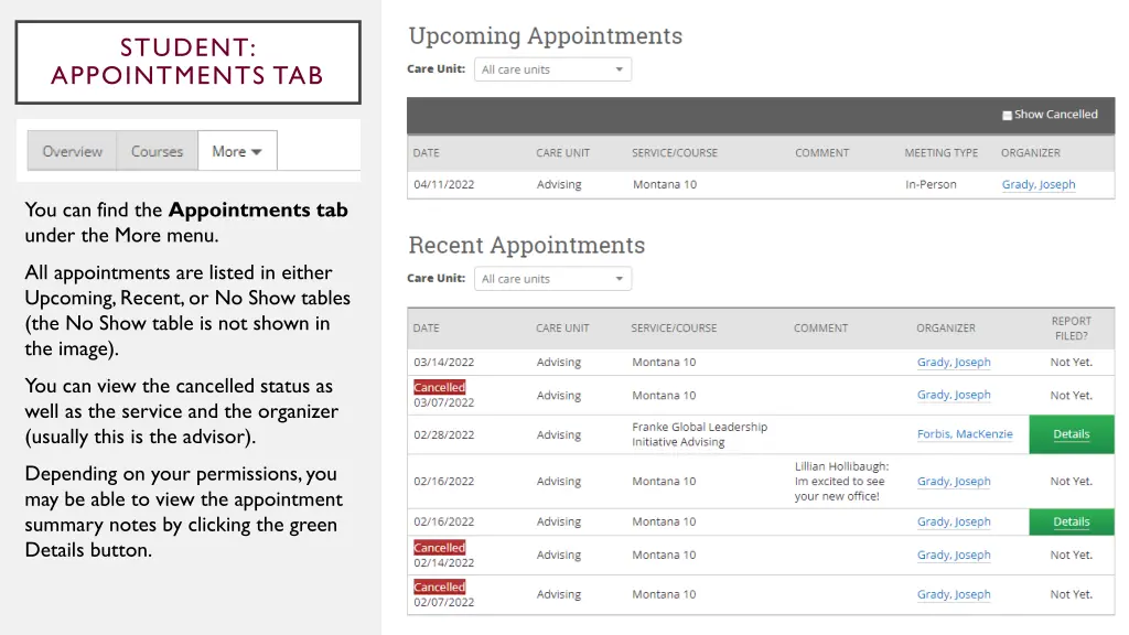 student appointments tab