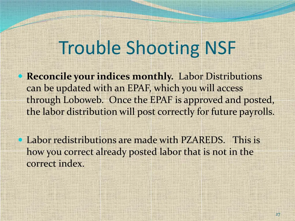 trouble shooting nsf 3