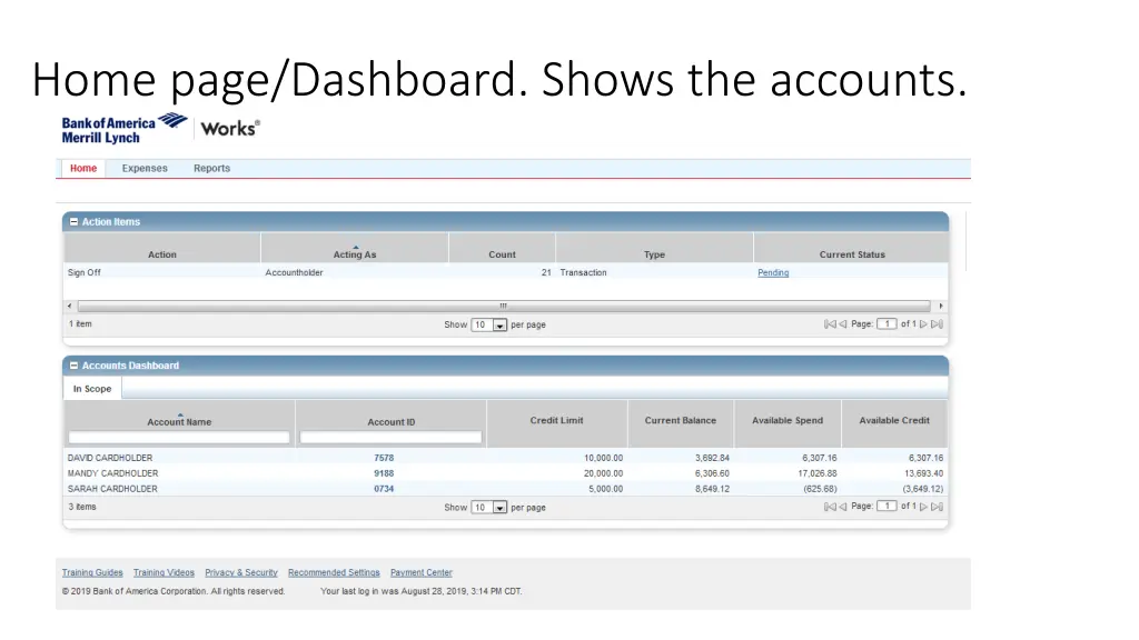 home page dashboard shows the accounts