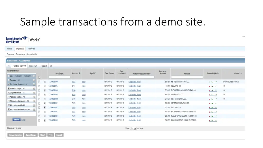 sample transactions from a demo site