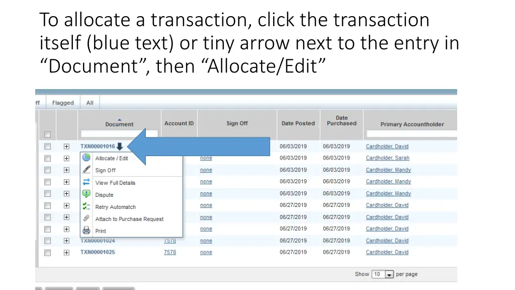 to allocate a transaction click the transaction