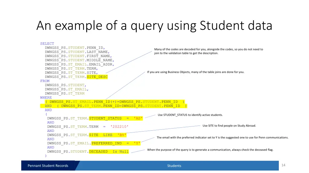 an example of a query using student data