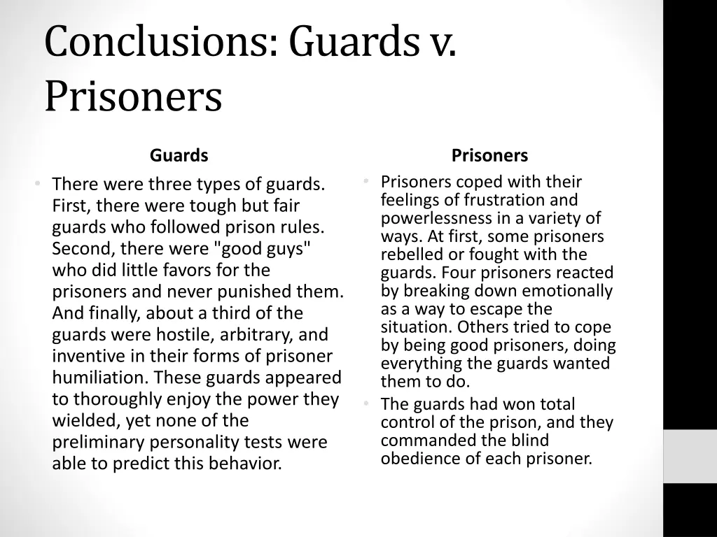 conclusions guards v prisoners