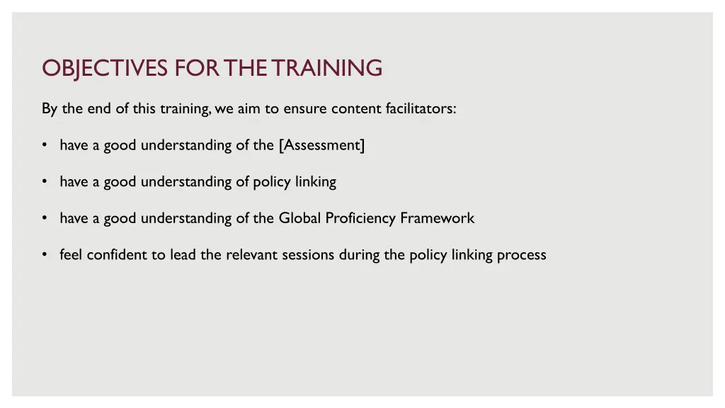 objectives for the training