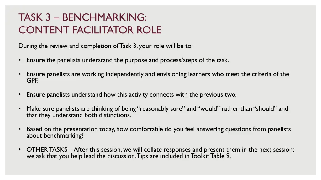 task 3 benchmarking content facilitator role