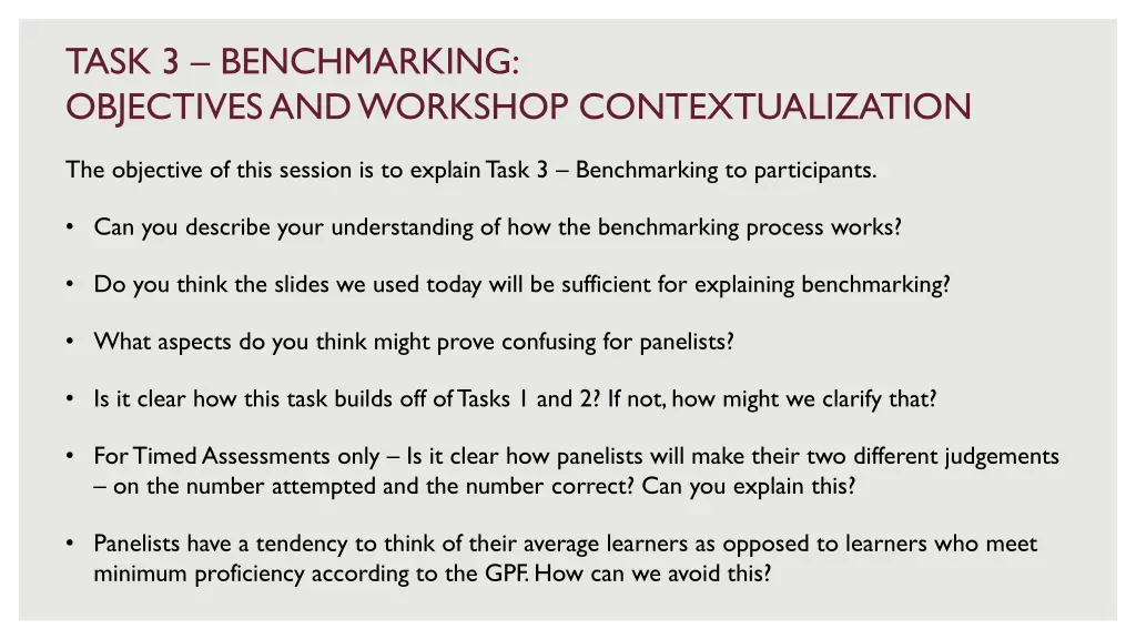 task 3 benchmarking objectives and workshop