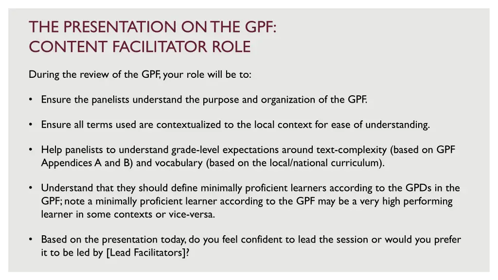 the presentation on the gpf content facilitator