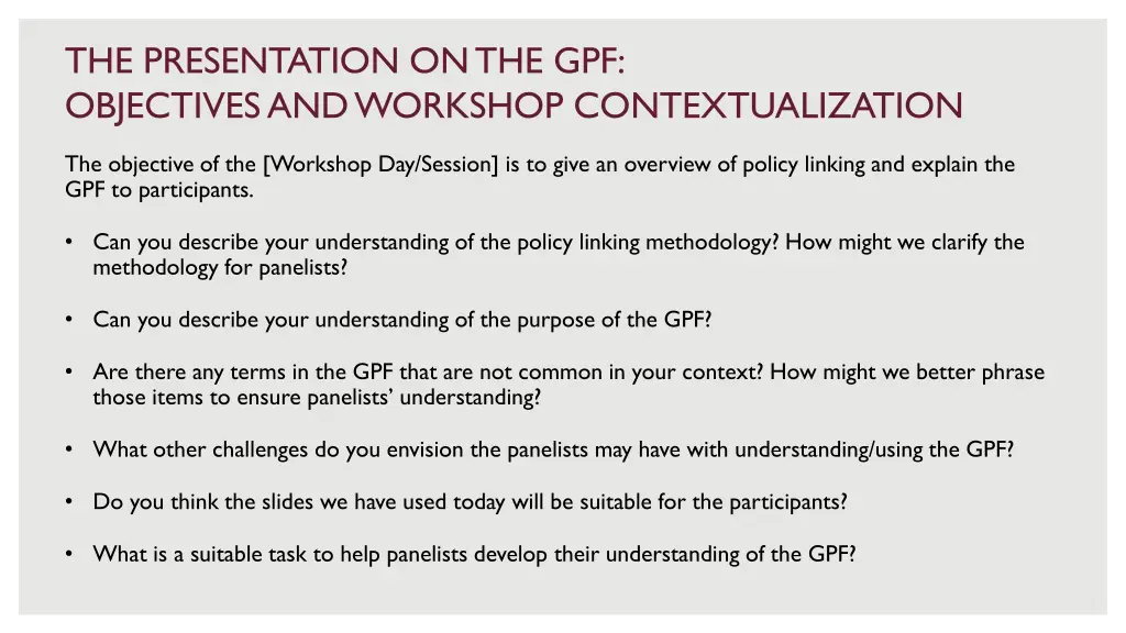 the presentation on the gpf objectives