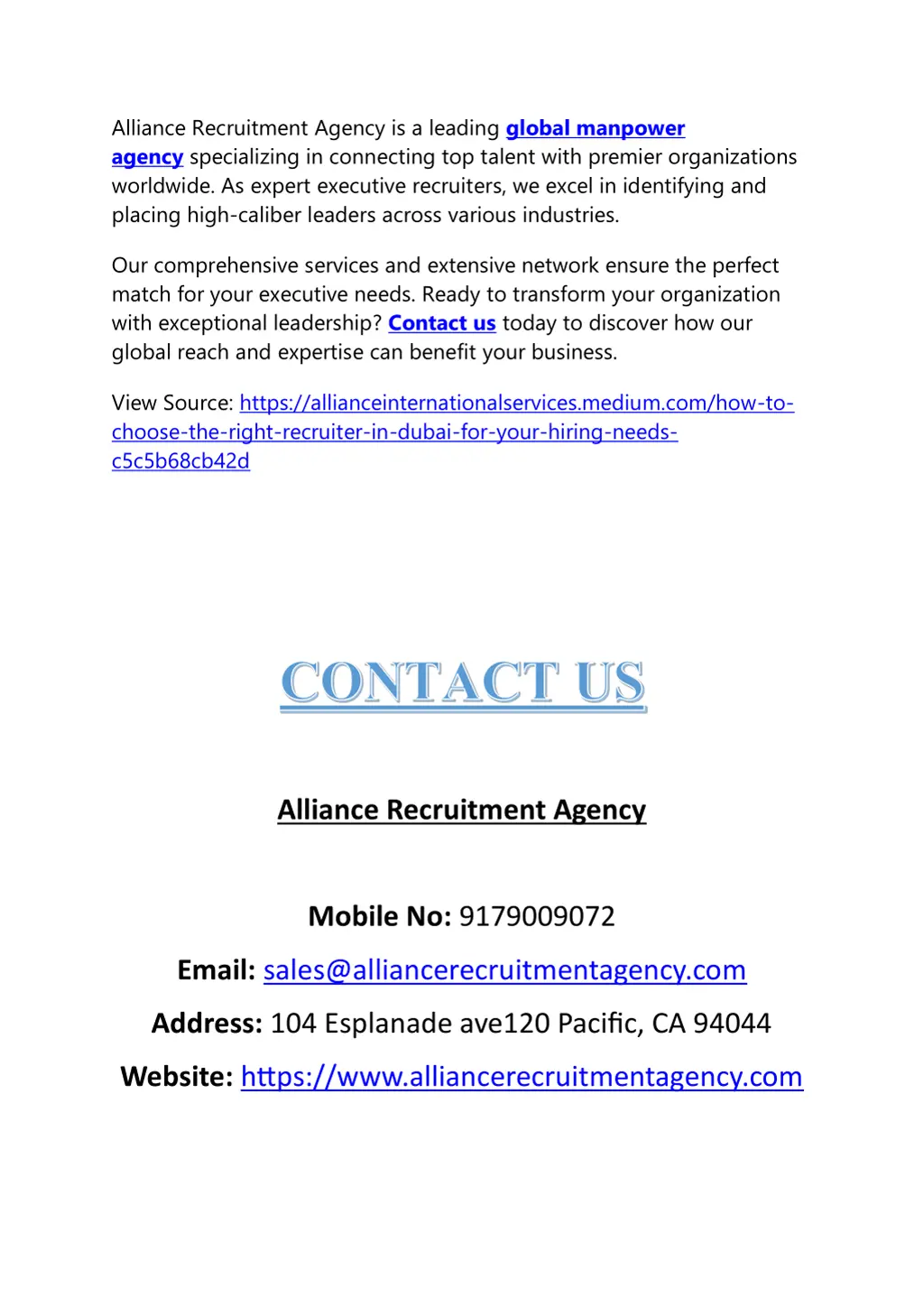 alliance recruitment agency is a leading global