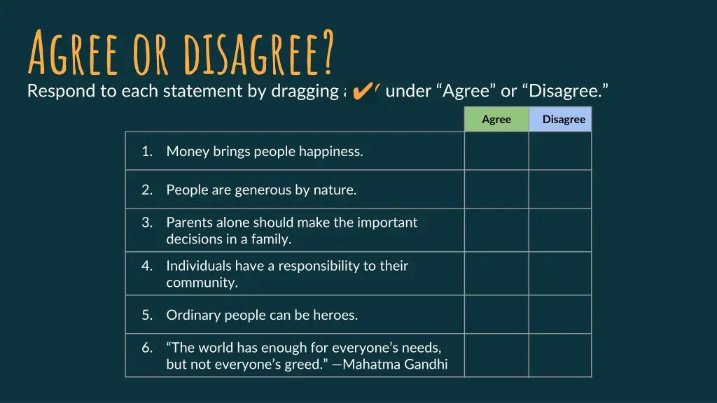 agree or disagree respond to each statement