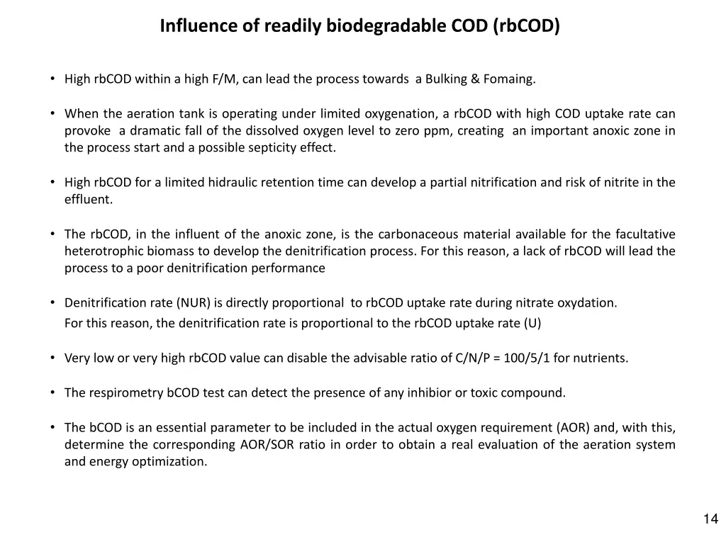 influence of readily biodegradable cod rbcod