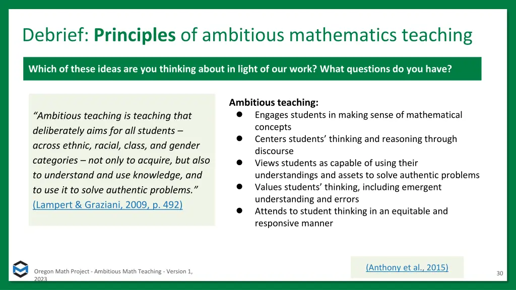 debrief principles of ambitious mathematics