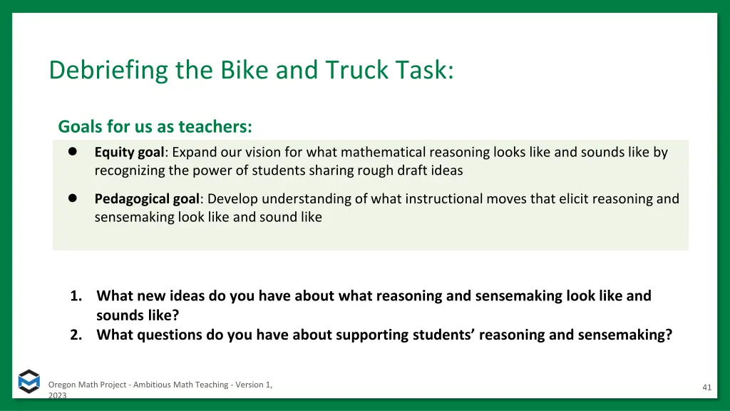 debriefing the bike and truck task 1