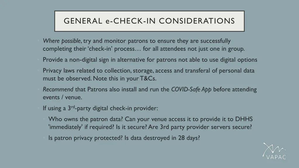 general e check in considerations