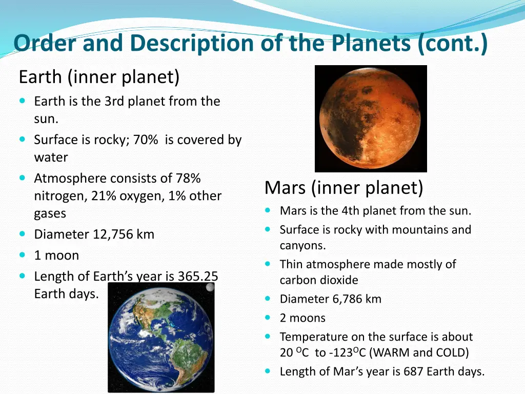 order and description of the planets cont earth