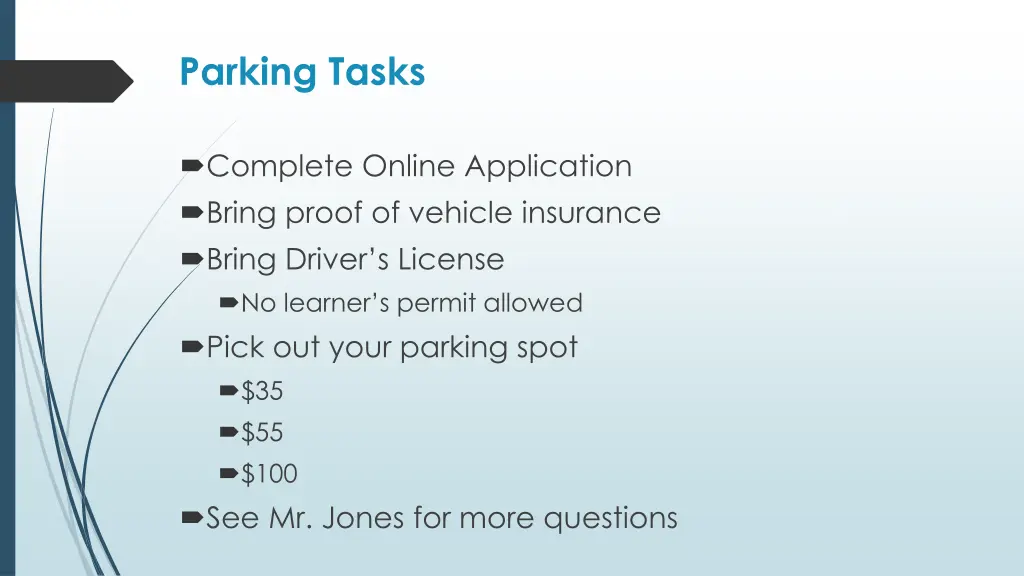 parking tasks