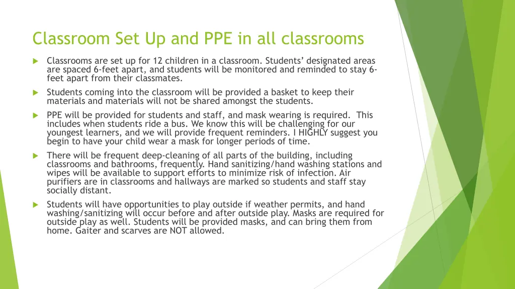 classroom set up and ppe in all classrooms