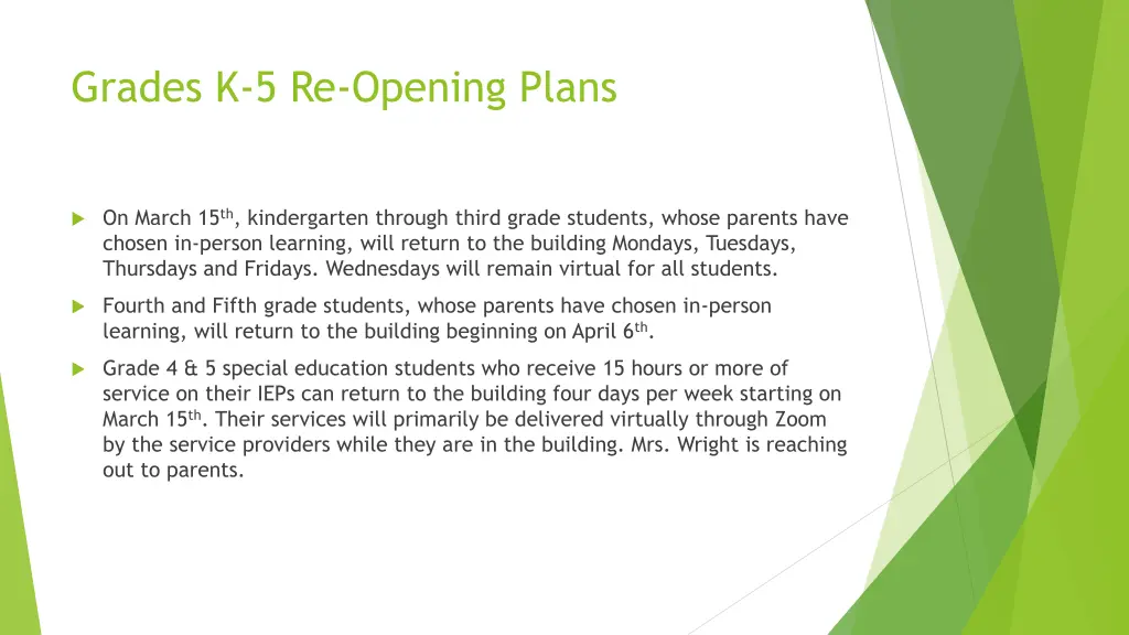 grades k 5 re opening plans