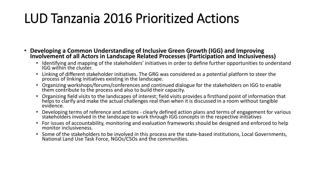 lud tanzania 2016 prioritized actions