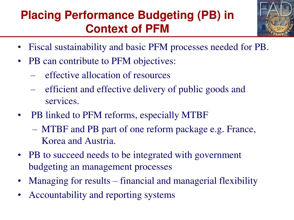 placing performance budgeting pb in context of pfm