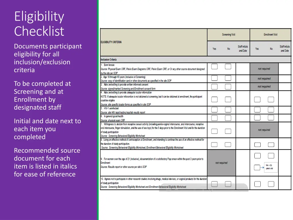 eligibility checklist documents participant