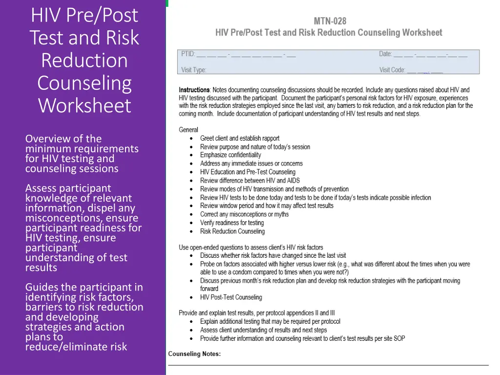 hiv pre post test and risk reduction counseling