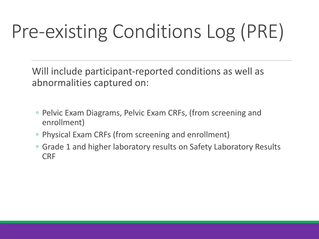 pre existing conditions log pre