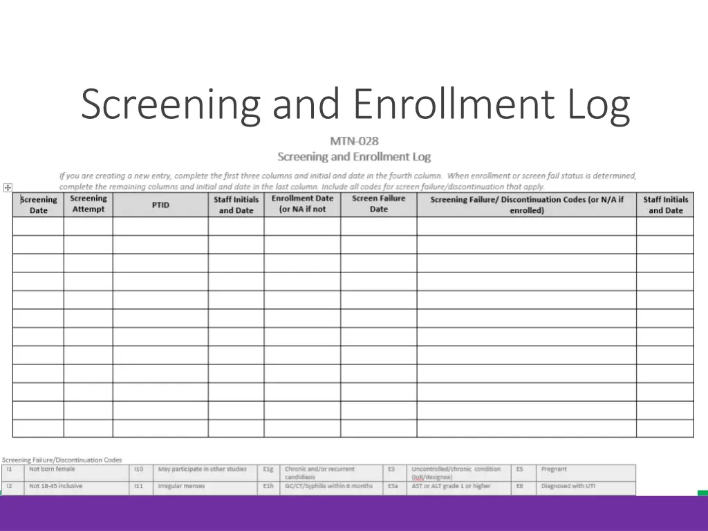 screening and enrollment log