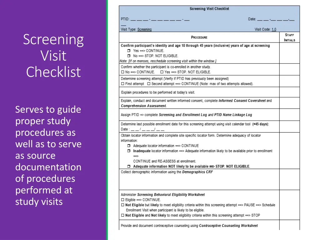 screening visit checklist