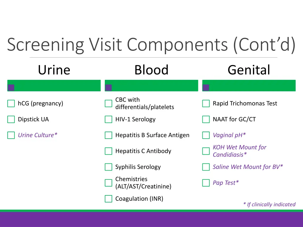 screening visit components cont d