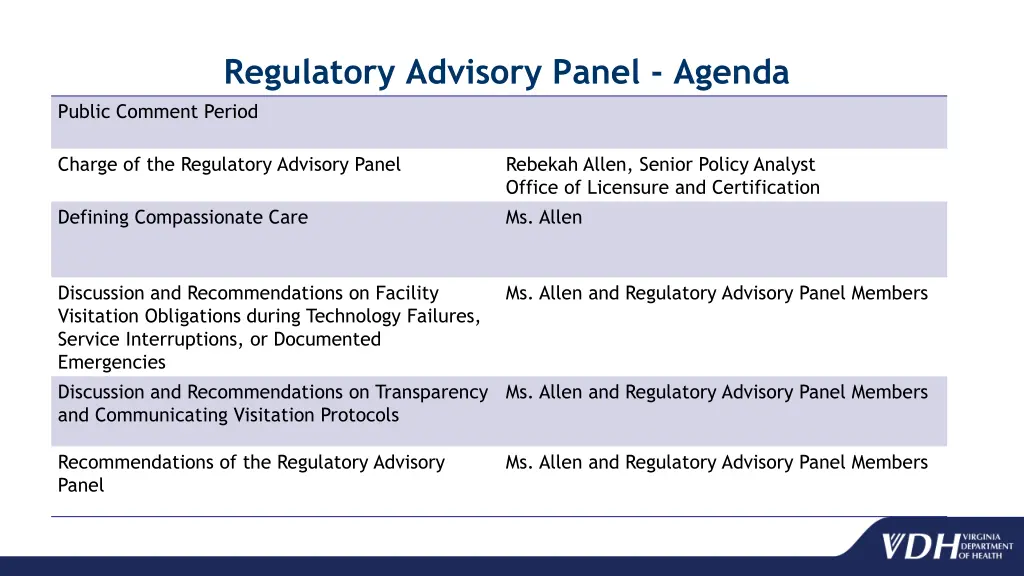 regulatory advisory panel agenda public comment