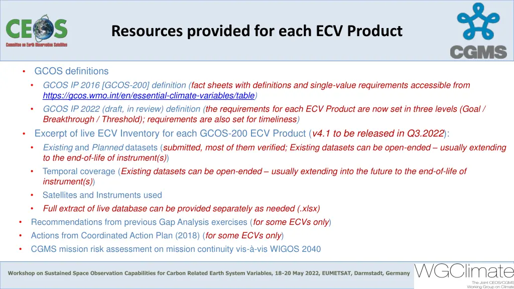 resources provided for each ecv product