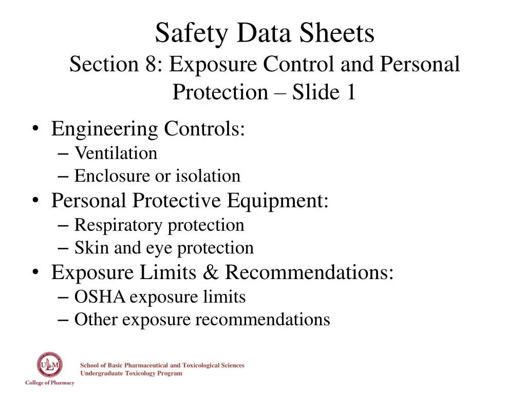 safety data sheets section 8 exposure control