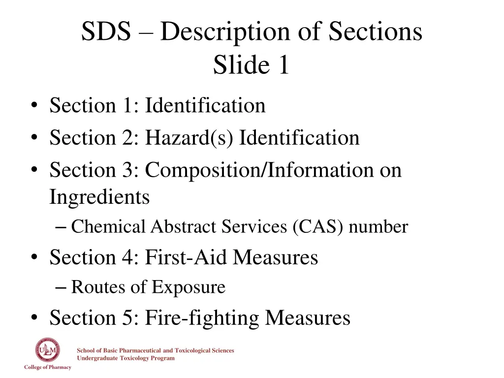 sds description of sections slide 1