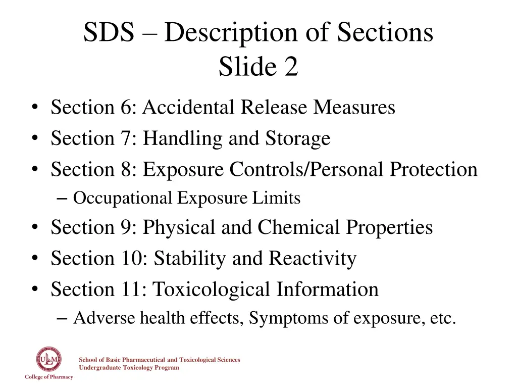 sds description of sections slide 2