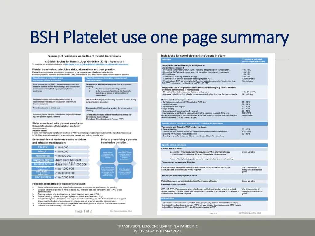 bsh platelet use one page summary bsh platelet