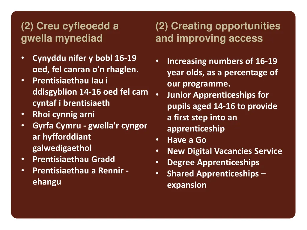 2 creu cyfleoedd a gwella mynediad