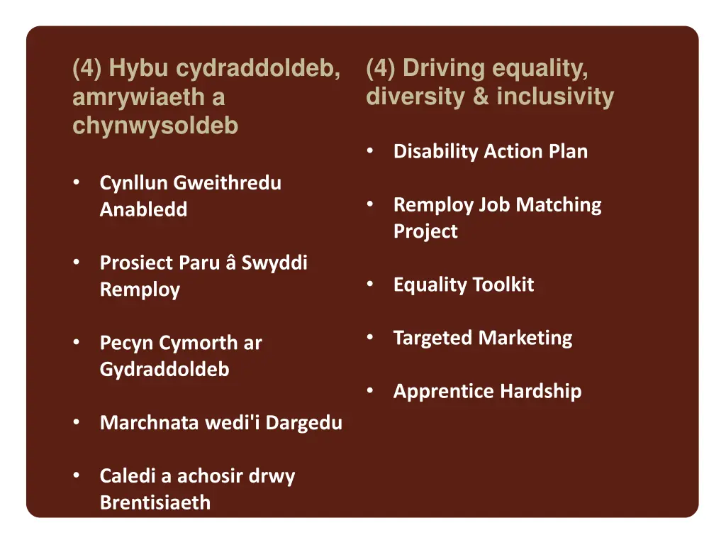 4 hybu cydraddoldeb amrywiaeth a chynwysoldeb