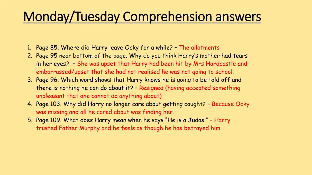 monday tuesday comprehension answers monday