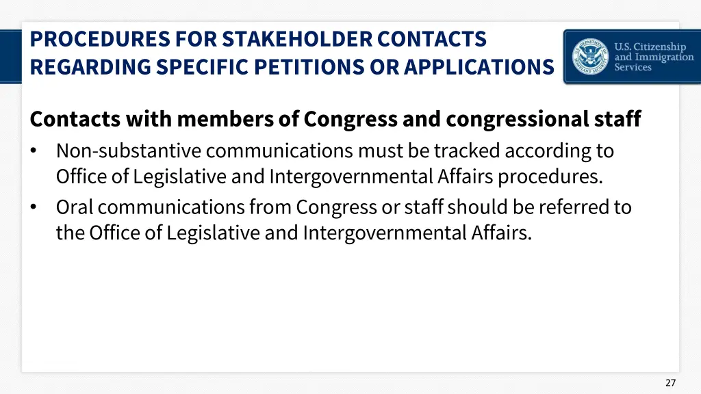 procedures for stakeholder contacts regarding 15