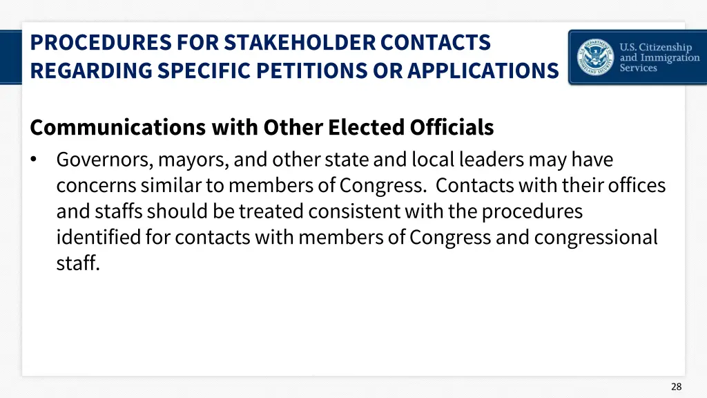 procedures for stakeholder contacts regarding 16