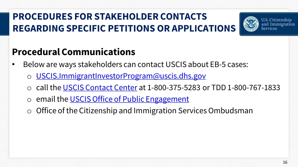 procedures for stakeholder contacts regarding 4