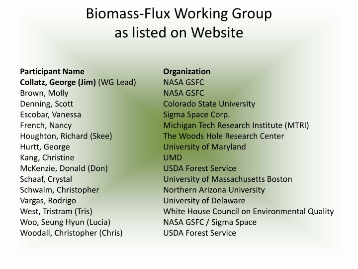 biomass flux working group as listed on website