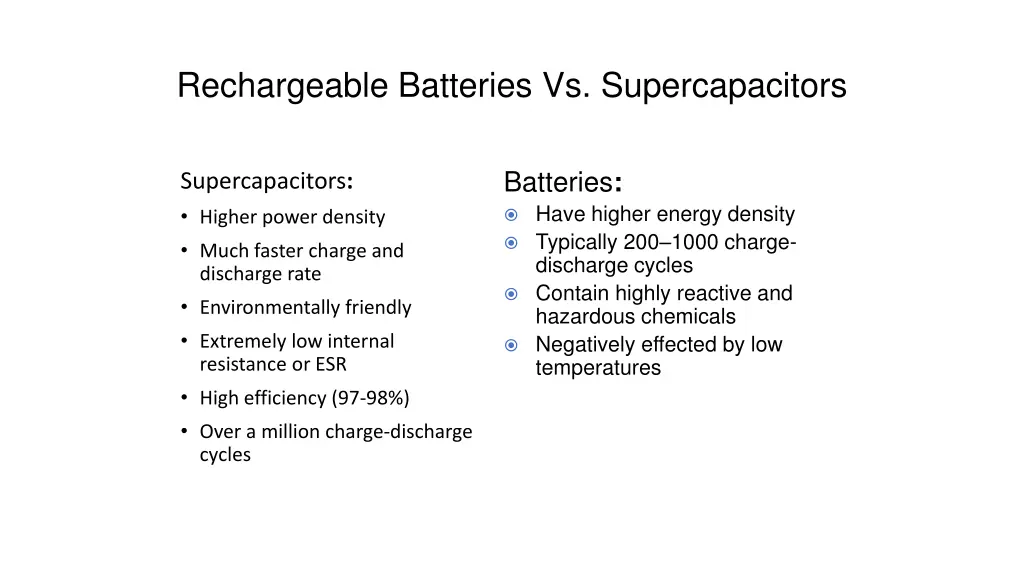 rechargeable batteries vs supercapacitors